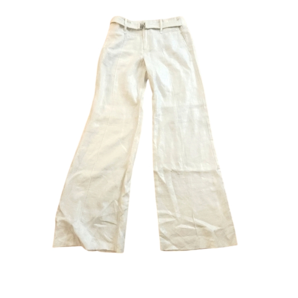 Black Halo Off White Linen Pants W/ Silvery threading Built In Belt Gorgeous 6